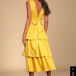 Lulus Peak Party Vibe Mustard Yellow Satin Tiered Tie-Back Midi Dress